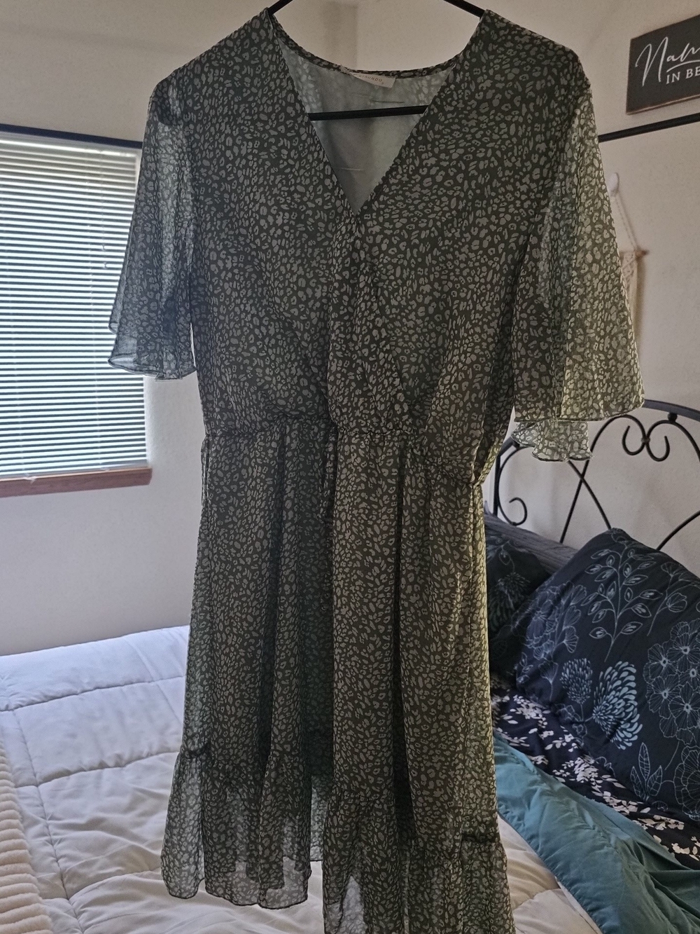 Kirundo Olive Green Printed V-Neck Flutter Sleeve Dress